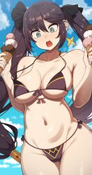 1girl bikini black_bikini black_bow black_hair blue_sky blush bow breasts cloud collarbone commentary_request day food genshin_impact hair_bow hands_up hat highres holding holding_food holding_ice_cream holding_ice_cream_cone ice_cream ice_cream_cone long_hair mona_(genshin_impact) multiple_scoops open_mouth outdoors samegami shadow side-tie_bikini_bottom sky solo standing swimsuit thighs tongue twintails underboob