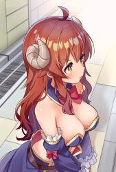 1girl :t ahoge bare_shoulders blue_sleeves blush breasts brown_eyes brown_hair cleavage closed_mouth crisis_management_form_(machikado_mazoku) day demon_horns detached_sleeves frilled_sleeves frills hair_between_eyes horns juliet_sleeves large_breasts long_hair long_sleeves machikado_mazoku outdoors pout puffy_sleeves shipii_(jigglypuff) solo v-shaped_eyebrows very_long_hair yoshida_yuuko_(machikado_mazoku)