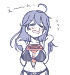 1girl between_breasts bikini black_bikini black_hair blush breasts closed_eyes facing_viewer flying_sweatdrops highres kantai_collection large_breasts long_hair nose_blush open_mouth side-tie_bikini_bottom simple_background solo swimsuit tatahai traffic_cone upper_body ushio_(kancolle) w_arms white_background