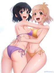 2girls :d artist_name ass bikini bikini_under_clothes black_hair blue_eyes blush breast_press breasts brown_eyes brown_hair from_behind hair_between_eyes hair_ribbon halterneck highres hug kohinata_miku large_breasts looking_at_viewer mitamory multiple_girls navel open_mouth purple_bikini purple_ribbon ribbon senki_zesshou_symphogear short_hair side-tie_bikini_bottom simple_background smile string_bikini swimsuit symmetrical_docking tachibana_hibiki_(symphogear) teeth upper_teeth_only wet wet_clothes white_background yellow_bikini yuri