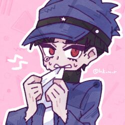 1boy black_hair blue_hat blue_jacket hat jacket male_focus maruko_gaku open_mouth outline pink_background red_eyes shirt simple_background solo solo_focus sweatdrop the_hundred_line_-last_defense_academy- upper_body white_outline white_shirt