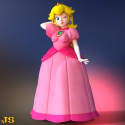 1girl 3d blonde_hair blue_eyes breasts brooch collar covered_erect_nipples crown daz_studio_(medium) dress earrings elbow_gloves eyelashes frilled_collar frills gloves high_heels highres jewelry jonysambel large_breasts lips long_dress long_hair mario_(series) nintendo one_eye_closed pink_dress princess_peach puffy_sleeves shoes simple_background smile white_gloves