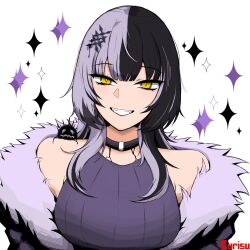 Rule 34 | 1girl, black hair, curisuchris, fur-trimmed jacket, fur trim, grey hair, grin, highres, hololive, hololive english, jacket, long hair, looking at viewer, multicolored hair, purple shirt, shiori novella, shirt, sleeveless, sleeveless shirt, smile, solo, split-color hair, teeth, two-tone hair, virtual youtuber, white background, yellow eyes, yorick (shiori novella)