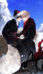 2boys alternate_costume alternate_universe animal bakugou_katsuki black_coat blonde_hair boku_no_hero_academia breath brown_gloves coat commentary_request curved_horns fangs freckles fur-trimmed_headwear fur_trim gloves green_hair hat highres homare04271 horns male_focus midoriya_izuku mountain multiple_boys open_mouth outdoors parted_lips red_eyes red_hat red_scarf scarf sitting sky snowing teeth white_fur winter wolf yellow_eyes