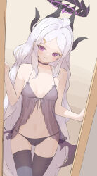 absurdres ahoge babydoll black_choker black_halo black_thighhighs blue_archive blush breasts choker commentary demon_girl demon_horns demon_wings halo highres hina_(blue_archive) horns indoors loli long_hair looking_at_mirror low_wings mirror off_shoulder purple_eyes small_breasts standing thighhighs thighs very_long_hair white_hair wings