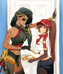 2girls amputee arm_tattoo baseball_cap black_gloves black_hair blush brown_gloves brown_hair closed_mouth crop_top door earrings elbow_gloves eyepatch fingerless_gloves food from_side gloves hair_ornament hat highres holding holding_food holding_pizza jewelry league_of_legends long_hair looking_at_another looking_at_viewer multiple_girls pizza pizza_delivery_sivir ponytail samira shirt single_bare_shoulder sivir smile standing stomach sweatdrop tan tattoo white_shirt zaket07
