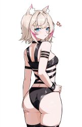 1girl anger_vein animal_ear_fluff animal_ears ass bikini black_bikini blonde_hair blue_eyes closed_mouth dog_ears dog_girl from_behind highres hololive hololive_english mococo_abyssgard no_tail pink_nails pink_streaks pout solo swimsuit ttsyrene virtual_youtuber
