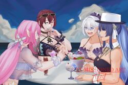 4girls bikini black_bikini blue_hair blue_sky breasts brown_hair cleavage colored_inner_hair commentary commission cup eden_(flowing_rhyme)_(honkai_impact) eden_(honkai_impact) elf elysia_(honkai_impact) elysia_(miss_pink_elf)_(honkai_impact) elysia_(summer_miss_elf)_(honkai_impact) english_commentary eyewear_on_head hat highres holding holding_spoon honkai_(series) honkai_impact_3rd ice_cream_cup jae_roku kiana_kaslana large_breasts laughing multicolored_hair multiple_girls ocean official_alternate_costume open_mouth pink_hair pointy_ears purple_bikini purple_hair raiden_mei raiden_mei_(herrscher_of_origin) raiden_mei_(summer_2023) scrunchie see-through_clothes sky spoon sunglasses swimsuit table white_bikini white_hair white_hat wrist_scrunchie yuri