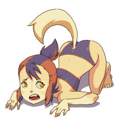 1girl ass child daga feet female_focus multicolored_hair nail_(hardware) purple_hair red_hair simple_background solo tagme tail thundercats two-tone_hair wilykit yellow_eyes