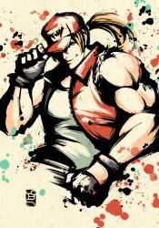1boy adjusting_clothes adjusting_headwear bare_shoulders baseball_cap black_gloves blonde_hair blue_eyes closed_mouth collared_jacket commentary_request crew_neck cropped_legs crossover fatal_fury fingerless_gloves gloves bad_tag bad_tag hat highres jacket long_hair male_focus muscular muscular_male pe51illust ponytail red_hat red_jacket shirt smile solo street_fighter street_fighter_6 terry_bogard the_king_of_fighters torn_clothes torn_sleeves unzipped white_shirt