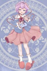 Rule 34 | 1girl, :3, :d, blue background, blue shirt, buttons, double-parted bangs, eyeball, floral background, floral print, frilled shirt collar, frills, full body, hair ornament, hairband, half-closed eyes, hands up, heart, heart button, heart hair ornament, highres, komeiji satori, light blush, long sleeves, looking at viewer, messy hair, open mouth, paryan2010, pigeon-toed, pink skirt, purple eyes, purple hair, shirt, short hair, simple background, skirt, slippers, smile, smug, solo, third eye, touhou