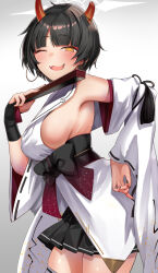1girl black_hair black_skirt blue_archive breasts bridal_gauntlets broken_horn commentary_request cowboy_shot earrings folded_fan folding_fan grey_background halo hand_fan highres holding holding_fan hoop_earrings horns japanese_clothes jewelry kimono large_breasts long_hair mole mole_under_eye niya_(blue_archive) open_mouth orange_horns short_hair sideboob sideless_kimono single_bridal_gauntlet skirt sleeveless sleeveless_kimono solo thighs unusually_open_eyes white_halo white_kimono yellow_eyes yu_ni_t