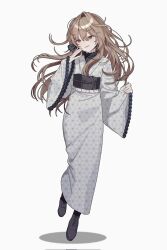 0_o_s_k 1girl black_boots black_sash blush boots brown_hair commentary commission full_body grey_kimono hair_between_eyes hand_up hashtag-only_commentary highres japanese_clothes kimono lace-up_boots long_hair long_sleeves obi original parted_lips red_eyes sash simple_background smile solo standing white_background wide_sleeves