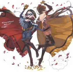 2girls absurdres ahoge ayacho black_cape black_gloves blue_bodysuit blue_eyes blue_mask blue_ribbon bodysuit boots braid breasts calling_card cape coin crystal_earrings earrings eye_mask fire_emblem fire_emblem_fates fire_emblem_heroes gloves gold_coin hair_over_one_eye hair_ribbon harness high_heel_boots high_heels highres hood hood_up hooded_cape jewelry kagero_(fire_emblem) kagero_(thief)_(fire_emblem) keyring large_breasts leather_belt long_hair low_twin_braids medium_breasts multiple_girls nina_(fire_emblem) nina_(thief)_(fire_emblem) nintendo o-ring o-ring_harness official_alternate_costume parted_bangs phantom_thief ponytail red_cape red_petals red_ribbon ribbon skin_tight thigh_boots turtleneck twin_braids two-tone_bodysuit two-tone_cape white_hair yellow_cape