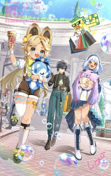 4girls 5boys absurdres ahoge ajaw_(genshin_impact) alternate_costume animal_ears bag black_hair black_shirt black_shoes blonde_hair blubberbeast_(genshin_impact) blue_eyes blue_hair blue_pants blush boots bow bowtie brown_shorts bubble chinchilla_ears closed_mouth commentary_request day diamond-shaped_pupils diamond_(shape) earrings floating foot_up footwear_bow genshin_impact green_headband gun hand_up hands_up headband highres holding holding_bag holding_gun holding_ice_cream_cone holding_spoon holding_weapon ice_cream_cone ice_cream_spoon ifa_(genshin_impact) jewelry kachina_(genshin_impact) kinich_(genshin_impact) knee_boots light_smile long_hair long_sleeves melusine_(genshin_impact) mualani_(genshin_impact) multicolored_hair multiple_boys multiple_girls neuvillette_(genshin_impact) open_mouth ororon_(genshin_impact) outdoors pants plastic_spoon red_eyes shiba_(tonari_no_shiba_inu) shirt shoes shopping_bag shorts sigewinne_(genshin_impact) single_sock single_thighhigh socks spoon standing standing_on_one_leg surintendante_chevalmarin suspenders symbol-shaped_pupils thighhighs very_long_hair weapon white_boots white_hair white_socks white_thighhighs white_wrist_cuffs wrist_cuffs yellow_bow yellow_bowtie yellow_eyes