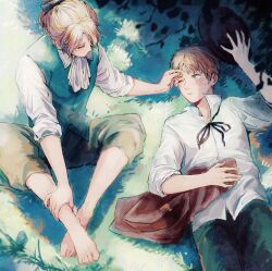 2boys ascot axis_powers_hetalia baggy_pants barefoot black_hat black_ribbon blonde_hair blue_vest blush closed_eyes closed_mouth collared_shirt commentary_request day france_(hetalia) grass green_eyes green_pants hand_on_another&#039;s_head hand_up hat highres holding holding_unworn_clothes holding_unworn_hat leaf long_sleeves looking_at_another loudun_ff lying male_focus multiple_boys neck_ribbon on_back one_eye_closed pants ponytail ribbon shadow shirt short_hair short_ponytail sitting sweatdrop united_kingdom_(hetalia) unworn_hat unworn_headwear vest white_ascot white_shirt yaoi