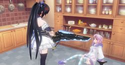 10s 2girls 3d absurdres anger_vein black_hair black_panties d-pad female_focus hair_ornament highres hood hoodie long_hair multiple_girls neptune_(neptunia) neptune_(series) noire_(neptunia) panties purple_eyes purple_hair short_hair sword twintails underwear very_long_hair weapon