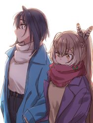 2girls ahoge anco_(platanity) backlighting belt berry black_pants blue_coat blue_eyes blush brown_eyes brown_hair coat feather_hair_ornament feathers hair_ornament hairclip hands_in_pockets happy_valentine highres hololive hololive_english long_hair looking_away looking_down multicolored_hair multiple_girls nanashi_mumei official_alternate_costume pants peacoat ponytail red_scarf scarf streaked_hair sweater trench_coat turtleneck turtleneck_sweater very_long_hair virtual_youtuber white_sweater yellow_sweater yuri