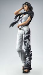 1girl 3d absurdres belt black_hair brown_eyes capelet feet female_focus full_body gradient_background hairband highres kazama_jun mature_female namco official_art sandals solo tekken tekken_2 tekken_tag_tournament tekken_tag_tournament_2 toes track_suit white_background