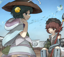 2others ajirogasa androgynous antennae aqua_eyes aqua_hair azuma_kaisen blue_boots blue_dress blue_sky boots brown_hat cowboy_shot day dot_nose dress fairy fairy_(len&#039;en) gate glaive_(polearm) green_vest grey_thighhighs grey_vest hat highres holding_canteen hot japanese_clothes kesa_kujiru knee_boots kuroda_(kurota_ne) len&#039;en long_sleeves looking_at_another looking_at_viewer multiple_others one_eye_closed other_focus outdoors parted_lips petting polearm purple_vest red_hair short_dress short_hair sitting sky slug standing sweat tadpole_hat thighhighs two-tone_vest vest weapon wide_sleeves