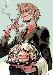 Rule 34 | 4boys, bad id, bad twitter id, black jacket, black necktie, cigarette, cowboy shot, curly eyebrows, edolove, facial hair, fork, formal clothes, goatee, hat, highres, holding, holding cigarette, holding fork, holding knife, jacket, knife, monkey d. luffy, multiple boys, mustache, necktie, one piece, red shirt, reflection, roronoa zoro, sanji (one piece), scar, scar on face, shirt, simple background, smile, smoke, straw hat, suit, tongue, tongue out, tony tony chopper