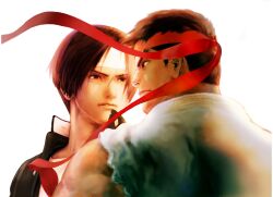 2boys artist_request black_jacket brown_hair capcom_vs_snk confrontation curtained_hair dougi eye_contact game_cg headband highres jacket kusanagi_kyou looking_at_another male_focus multiple_boys muscular non-web_source official_art parted_lips popped_collar red_headband ryu_(street_fighter) shirt short_hair simple_background street_fighter the_king_of_fighters white_headband white_shirt