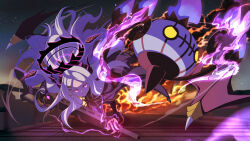 ahoge black_coat black_halo blue_archive chandelure coat coat_on_shoulders crossover demon_girl demon_horns demon_wings fire gen_5_pokemon gun halo hina_(blue_archive) holding holding_gun holding_weapon horns long_hair machine_gun mg42 night nintendo outdoors pokemon pokemon_(creature) pori purple_eyes star_(sky) weapon white_hair wings