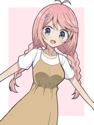 1girl antenna_hair arms_at_sides blue_eyes braid breasts brown_dress commentary_request dress hair_ornament hairclip hibi_wa_sugiredo_meshi_umashi highres irismk3991 kodama_sakura light_blush long_hair looking_at_viewer low_twintails medium_breasts open_mouth pink_background pink_hair shirt smile solo twin_braids twintails white_shirt