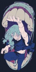 Rule 34 | 1boy, arm up, black background, blue eyes, blue hair, blue pants, blue shirt, cursed spirit (jujutsu kaisen), film grain, fingernails, hair between eyes, heterochromia, highres, jujutsu kaisen, mahito (jujutsu kaisen), male focus, midriff, mim (mimya0600), navel, pants, parted lips, sanpaku, shirt, short sleeves, simple background, sitting, solo, stitched arm, stitched face, stitched neck, stitched wrist, stitches, teeth
