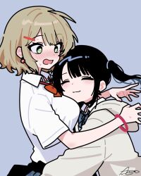Rule 34 | 2girls, ameniwa, armlet, black hair, blonde hair, blue bow, blue bowtie, blush, bow, bowtie, breasts, closed eyes, collared shirt, commentary, earrings, english commentary, green eyes, hair ornament, hairclip, hairpin, highres, hug, jewelry, large breasts, light smile, multiple girls, nose blush, open mouth, original, red bow, red bowtie, school uniform, shirt, short hair, short sleeves, side ponytail, signature, simple background, smile, surprised, sweater, textless version, white shirt