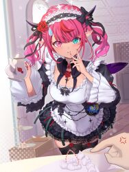 1girl anger_vein aqua_eyes black_bow black_collar black_headdress black_horns black_ribbon black_skirt black_thighhighs blush bow breasts cake cake_slice cherry chest_bow closed_mouth collar comedic_sweatdrop commentary detached_collar dress earrings english_commentary fingernails flower flower_earrings food fruit gem hair_flower hair_ornament halo hareteruya heterochromia highres holding holding_kettle hololive hololive_english horns irys_(hololive) irys_(maid)_(hololive) jewelry kettle large_breasts long_hair long_sleeves looking_at_viewer maid maid_headdress multicolored_hair nail_polish pink_eyes pink_gemstone pink_hair pink_nails plate pointy_ears purple_wings red_flower red_hair red_rose ribbon rose skirt solo_focus streaked_hair thighhighs thighs two-tone_hair virtual_youtuber white_dress white_halo wings