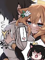 ... 1boy 2girls ^^^ animal_ears black_dress black_hair blue_archive blue_eyes blush brown_hair cat_ears cat_girl closed_mouth colored_inner_hair double-parted_bangs dress fangs flower flying_sweatdrops hair_flower hair_ornament halo heart highres hug jealous kazusa_(blue_archive) long_sleeves looking_at_viewer mari_(blue_archive) multicolored_hair multiple_girls pink_hair pink_halo shaded_face shirt short_hair simple_background skin_fangs smile spoken_ellipsis spoken_heart streaked_hair sweat upper_body white_background white_flower yellow_halo yukiyuki_(yukiyukimac4260)