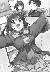 Rule 34 | 1boy, 1girl, ahoge, arms up, bread, breasts, bursting breasts, buta koushaku, chibi, closed mouth, cowboy shot, eating, food, fork, greyscale, hair between eyes, hair ornament, hairpin, hood, hood down, hooded robe, jitome, large breasts, long sleeves, medium breasts, monochrome, nauribon, open hand, open mouth, outstretched arms, palms, ponytail, robe, school uniform, short ponytail, sitting, skirt, slow denning, smile, spoon, standing, tearing up, tears, tented shirt, thighs, tina (buta koushaku)