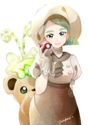1girl absurdres ascot brown_ascot brown_skirt closed_mouth commentary_request drill_hair gen_2_pokemon gloves green_eyes green_hair hand_up hat highres holding holding_poke_ball katy_(pokemon) mocha_fushigi mole mole_under_eye nintendo poke_ball poke_ball_(basic) pokemon pokemon_(creature) pokemon_sv puffy_sleeves shirt short_sleeves skirt smile teddiursa terastallization