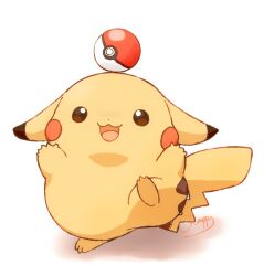 brown_eyes commentary_request ears_down fat_pikachu gen_1_pokemon looking_up mimix nintendo no_humans open_mouth pikachu poke_ball poke_ball_(basic) pokemon pokemon_(creature) simple_background smile solo standing standing_on_one_leg tail white_background