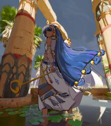 1girl alternate_costume ancient_egyptian_clothes beads blue_eyes blue_hair blue_sky blunt_bangs closed_mouth collared_shirt column commentary_request dark-skinned_female dark_skin detached_sleeves earrings facial_tattoo gold gold_headdress hair_bobbles hair_ornament headpiece highres holding holding_scepter hoop_earrings jewelry key_earrings lily_pad long_hair long_skirt looking_at_viewer looking_back michigami_nareko midriff outdoors palm_tree pillar reflection reflective_water scepter see-through_clothes see-through_sleeves shirt skirt sky sleeveless sleeveless_shirt smile solo standing stunionjy tassel tattoo touhou tree very_long_hair wading water