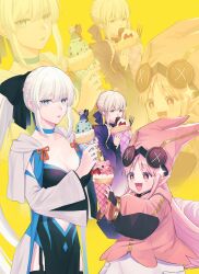 3girls artoria_pendragon_(fate) black_bow blonde_hair blue_eyes bow braid fate/grand_order fate_(series) food habetrot_(fate) hair_between_eyes hair_bow half_up_braid highres ice_cream long_hair long_sleeves looking_at_viewer morgan_le_fay_(fate) morgan_le_fay_(second_ascension)_(fate) multiple_girls nuso open_mouth pink_eyes pink_hair ponytail saber_alter simple_background smile white_hair wide_sleeves yellow_eyes