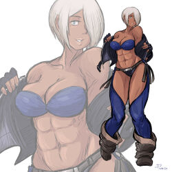 1girl absurdres angel_(kof) blue_eyes boots breasts cleavage curvy dark-skinned_female dark_skin female_focus fingerless_gloves gloves gyaru highres jacket large_breasts leather leather_gloves leather_jacket leg_up open_clothes panties short_hair smile standing tan the_king_of_fighters thick_thighs thighs toned toned_female underwear undressing videajames white_hair