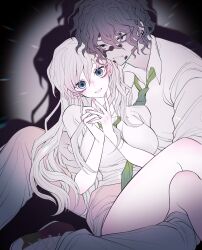 Rule 34 | 1boy, 1girl, absurdres, blue eyes, brother and sister, brown pants, brown skirt, collared shirt, daki (kimetsu no yaiba), earrings, green necktie, grey hair, gyuutarou (kimetsu no yaiba), highres, jewelry, kimetsu gakuen, kimetsu no yaiba, long hair, looking at viewer, necktie, pants, rand (user cpvm2834), school uniform, shirt, siblings, skirt, white hair, white shirt
