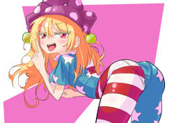 1girl absurdres american_flag_legwear arched_back ass bent_over blonde_hair blush clownpiece from_side happynalga hat highres jester_cap long_hair looking_at_viewer neck_ruff no_wings pantyhose pantylines pink_background polka_dot_headwear purple_hat sharp_teeth short_sleeves solo star_(symbol) star_print striped_clothes striped_pantyhose sweatdrop teeth touhou two-tone_background white_background