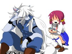 1boy 1girl armlet ban_(ban62460424) blue_jumpsuit blue_skirt blush body_fur boots candy claws closed_eyes commentary_request drill_hair food full_body furry furry_male grey_fur high_collar holding holding_candy holding_food hoshizora_miyuki jewelry jumpsuit long_hair pink_hair precure school_uniform shirt short_hair simple_background sitting skirt sleeveless_jumpsuit smile_precure! squatting tail twin_drills very_long_hair white_background white_hair white_shirt wolf_boy wolfrun
