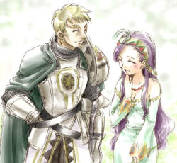 1boy 1girl :d ^_^ armor blonde_hair breastplate cape chrono_(series) chrono_cross closed_eyes cowboy_shot dario gauntlets gem hairband long_hair lowres open_mouth purple_hair riddel smile very_long_hair