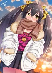 1girl animal_print black_hair black_skirt blue_sky blush breasts brown_neckwear camisole cleavage dated day eyelashes female_focus fur-trimmed_jacket fur_trim hair_between_eyes hair_ribbon hands_in_pockets highres hip_focus idolmaster idolmaster_cinderella_girls jacket jewelry long_hair looking_at_viewer matoba_risa necklace open_clothes open_jacket open_mouth pendant pink_camisole pleated_skirt print_ribbon ribbon scarf skirt sky small_breasts solo tiger_stripes twintails white_jacket yellow_eyes yellow_ribbon yoohi