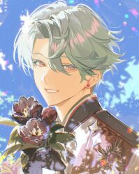Rule 34 | 1boy, blue hair, collared jacket, commentary, curtained hair, dappled sunlight, earrings, film grain, flower, freodore (nijisanji), hashtag-only commentary, highres, holding, holding flower, jacket, jewelry, kaohom503, leaf, looking ahead, male focus, nijisanji, nijisanji en, piercing, pink eyes, plant, smile, solo, stud earrings, sunlight, teeth, upper body, virtual youtuber