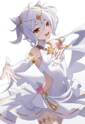 Rule 34 | 1girl, antenna hair, breasts, bridal gauntlets, circlet, clothing cutout, cone hair bun, covered navel, dancing, double bun, dress, elf, gold trim, hair between eyes, hair bun, hair ornament, highres, jewelry, kokkoro (ceremonial) (princess connect!), kokkoro (princess connect!), looking at viewer, open mouth, pointy ears, princess connect!, red eyes, short hair, side cutout, sleeveless, sleeveless dress, small breasts, smile, teeth, thighlet, upper teeth only, white background, white bridal gauntlets, white dress, white hair, youqia