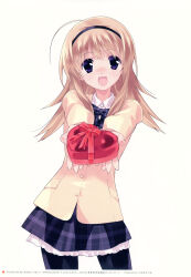 absurdres ahoge artist_request black_headband black_pantyhose blonde_hair blush bow bowtie box box_of_chocolates brown_jacket buttons chaos;head check_artist chocolate collared_shirt ears_visible_through_hair food hair_between_eyes headband heart-shaped_box highres holding holding_box holding_chocolate holding_food jacket long_hair long_sidelocks looking_at_viewer miniskirt nishijou_nanami non-web_source open_mouth original pantyhose petticoat plaid_bow plaid_bowtie plaid_clothes plaid_skirt pocket purple_eyes reaching reaching_towards_viewer red_bow sasaki_mutsumi school_uniform shirt sidelocks simple_background skirt smile suimei_school_uniform valentine white_background white_petticoat