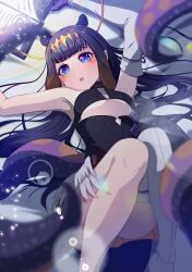 1girl absurdres ao-chan_(ninomae_ina&#039;nis) black_dress blush breasts danball_shiro detached_sleeves dress gloves highres hololive hololive_english long_hair looking_at_viewer low_wings lying mole mole_under_eye ninomae_ina&#039;nis ninomae_ina&#039;nis_(1st_costume) on_back pointy_ears purple_eyes purple_gloves purple_hair small_breasts solo strapless strapless_dress tentacle_hair tentacles thighhighs tube_dress very_long_hair virtual_youtuber white_sleeves white_thighhighs wings