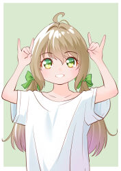 Rule 34 | 1girl, ahoge, border, bow, brown hair, commentary, fox shadow puppet, green background, green eyes, green ribbon, grin, hair bow, hair ribbon, hands up, looking at viewer, low twintails, original, outside border, ribbon, shirt, short sleeves, smile, solo, t-shirt, twintails, white shirt, yamanaka kouji (yanchiki2001)