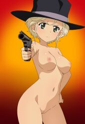 absurdres black_hat blonde_hair breasts cowboy_hat cowboy_western cowgirl_(western) girls_und_panzer green_eyes gun handgun hat highres holding holding_gun holding_weapon jane_(girls_und_panzer) lucasddst medium_breasts nipples pussy revolver short_hair solo thighs weapon