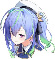 1girl blue_hair blush closed_mouth collared_shirt commentary_request crown epaulettes green_hair hat long_hair looking_at_viewer mini_crown mole mole_under_eye multicolored_hair nanashi_inc. ougimaneki shirt simple_background smile solo suzumi_nemo suzumi_nemo_(3rd_costume) transparent_background two-tone_hair upper_body virtual_youtuber white_hat white_shirt